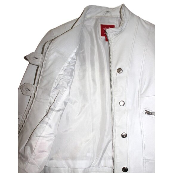 COLLECTION (European Brand) Genuine Leather Slim-Fit Cropped Moto Jacket, White - Picture 4 of 10